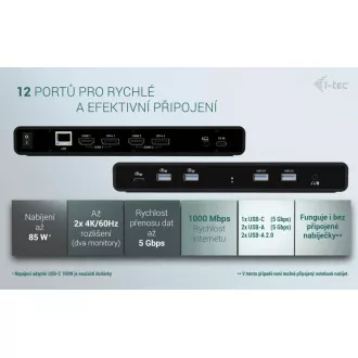 i-tec univerzalna priključna stanica s dva 4K zaslona, isporuka snage 85 W + i-tec USB-C punjač 100 W