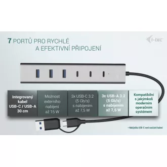 i-tec USB-C/USB-A metalni HUB za punjenje sa 7 priključaka (3x USB-C, 4x USB-A)