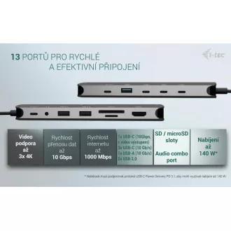 i-tec USB-C metalni Nano 3x Display Dock, 2x HDMI 1x USB-C video, PD 140W + univerzalni punjač 140W
