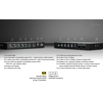 i-tec USB-C KVM priključna stanica za 3 hosta, dvostruki zaslon, napajanje 1x 92W/2x 65W