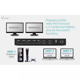 i-tec USB-C KVM priključna stanica za 3 hosta, dvostruki zaslon, napajanje 1x 92W/2x 65W