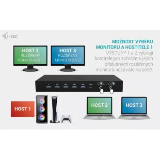i-tec USB-C KVM priključna stanica za 3 hosta, dvostruki zaslon, napajanje 1x 92W/2x 65W