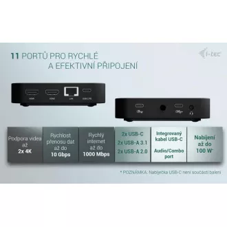 i-tec USB-C Dual HDMI priključna stanica, napajanje 100 W