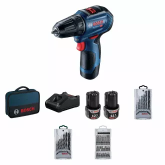BOSCH GSR 12V-30, aku bušilica-odvijač, 0 – 420 / 0 – 1.600 o/min, 8 mm, set bitova i bušilica, torba