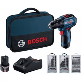 BOSCH GSR 12V-30, aku bušilica-odvijač, 0 – 420 / 0 – 1.600 o/min, 8 mm, set bitova i bušilica, torba