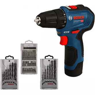 BOSCH GSR 12V-30, aku bušilica-odvijač, 0 – 420 / 0 – 1.600 o/min, 8 mm, set bitova i bušilica, torba