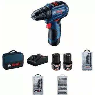 BOSCH GSR 12V-30, aku bušilica-odvijač, 0 – 420 / 0 – 1.600 o/min, 8 mm, set bitova i bušilica, torba