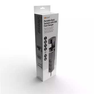 Solight 3z + USB A+C prijenosne stolne utičnice, 2 m, crne, USB brzi punjač 20W PD
