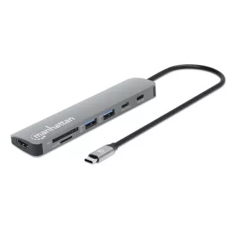 MANHATTAN USB-C 7-u-1 priključna stanica, 1xHDMI, 2xUSB-C, 2xUSB, čitač SD kartica, siva