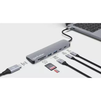 MANHATTAN USB-C 7-u-1 priključna stanica, 1xHDMI, 2xUSB-C, 2xUSB, čitač SD kartica, siva