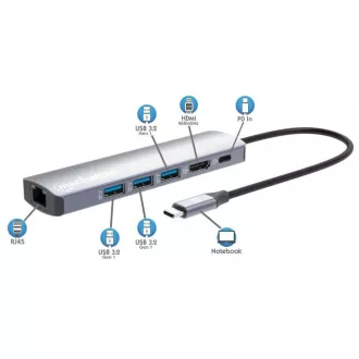 MANHATTAN USB-C 6-u-1 priključna stanica, 1xHDMI, 1xUSB-C, 3xUSB, 1xRJ45, siva