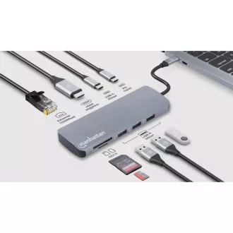 MANHATTAN USB-C 9-u-1 priključna stanica, 1xHDMI, 2xUSB-C, 3xUSB, 1xRJ45, čitač SD kartica, siva MANHATTAN USB-C 9-u-1 priključna stanica, 1xHDMI, 2xUSB-C, 3xUSB, 1xRJ45, čitač SD kartica, siva
