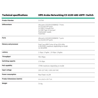 HPE Aruba Networking CX6100 48G 4SFP+ preklopnik RENEW JL676A