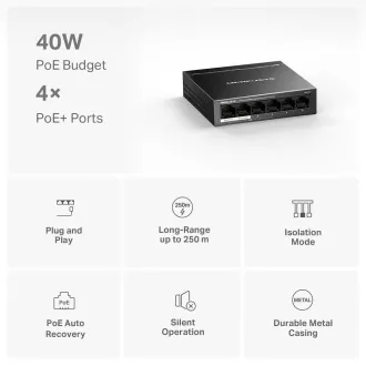 MERCUSYS prekidač MS106LP (6x100Mb/s, 4xPoE+, 40W, bez ventilatora)