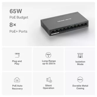 MERCUSYS prekidač MS110P (10x100Mb/s, 8xPoE+, 65W, bez ventilatora)