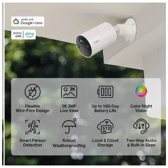 Vanjska kamera TP-Link Tapo C410 (3MP, 2K QHD, 1296p, IR 9m, WiFi, micro SD kartica, IP65) Vanjska kamera TP-Link Tapo C410 (3MP, 2K QHD, 1296p, IR 9m, WiFi, micro SD kartica, IP65)