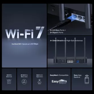 MERCUSYS MR27BE EasyMesh WiFi7 router (BE3600, 2.4GHz/5GHz, 1x2, 5GbEWAN, 1x2, 5GbELAN, 2xGbE)