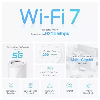 TP-Link Deco BE65-5G (1 pakiranje) WiFi7 Mesh (BE9300, 2.4GHz/5GHz/6GHz, 3x2, 5GbELAN/WAN, 1xUSB3.0, 4G LTE, 5G, 1xnanoSIM)