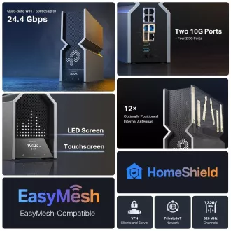 TP-Link Archer BE900 OneMesh/EasyMesh WiFi7 ruter (BE24000, 2x 4GHz/5GHz/6GHz, 1x10GbELAN/WAN, 1xSFP+/10GbEWAN/LAN, 4x2, 5GbE)