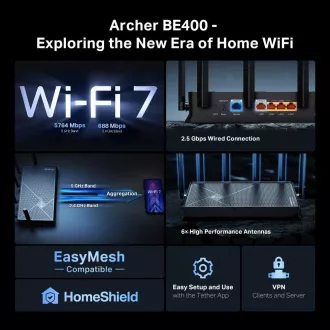 TP-Link Archer BE400 EasyMesh WiFi7 ruter (BE6500, 2x 4GHz/5GHz, 1x2, 5GbEWAN, 1x2, 5GbELAN, 3xGbELAN, 1xUSB3.0)