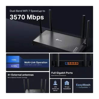 TP-Link Archer BE220 EasyMesh WiFi7 ruter (BE3600, 2.4GHz/5GHz, 1xGbEWAN, 4xGbELAN)