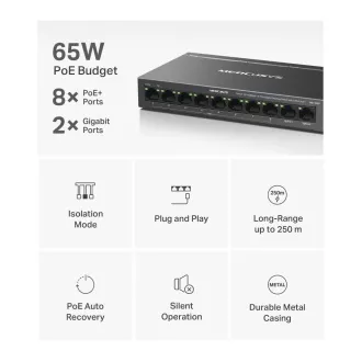MERCUSYS preklopnik MS110CP (8x100Mb/s, 2xGbE, 8xPoE+, 65W, bez ventilatora)