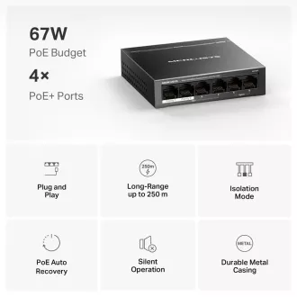 MERCUSYS preklopnik MS106P (6x100Mb/s, 4xPoE+, 67W, bez ventilatora) MERCUSYS preklopnik MS106P (6x100Mb/s, 4xPoE+, 67W, bez ventilatora)