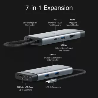 TP-Link UH7021C USB-C hub 7u1 (3x USB3.2Gen1, 1xUSB-C3.2Gen1, 1xHDMI, 1xSD, 1xmicroSD, PD 100W)