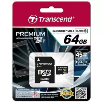 TRANSCEND MicroSDXC kartica 64 GB Premium, Class 10 UHS-I 400x (R: 85 / W: 35 MB / s) + adapter