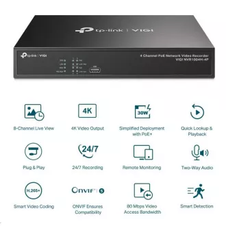 TP-Link VIGI NVR1004H-4P, video rekorder, 4 kanala, 4xPoE, 1xSATA, 1x100Mb/s LAN, 2xUSB2.0, 1xHDMI, 1xVGA
