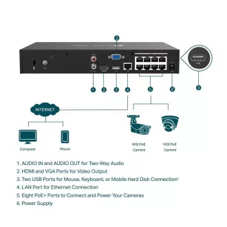 TP-Link VIGI NVR1008H-8P, video rekorder, 8 kanala, 8xPoE, 1x100Mb/s LAN, 1xVGA, 1xHDMI, 2xUSB2.0