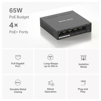 MERCUSYS prekidač MS105GP (5xGbE, 4xPoE+, 65W, bez ventilatora) MERCUSYS prekidač MS105GP (5xGbE, 4xPoE+, 65W, bez ventilatora)