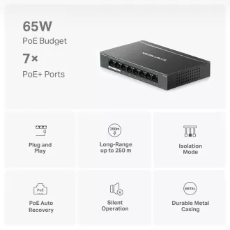 MERCUSYS prekidač MS108GP (8xGbE, 7xPoE+, 65W, bez ventilatora) MERCUSYS prekidač MS108GP (8xGbE, 7xPoE+, 65W, bez ventilatora)