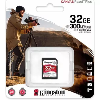 Kingston 32GB Canvas React Plus SDHC UHS-II 300R / 260W U3 V90 za Full HD / 4K / 8K