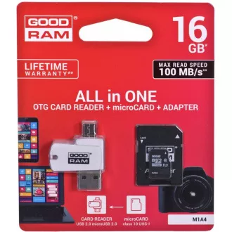 GOODRAM microSDHC kartica 16 GB M1A4 Sve u jednom (R: 100 / W: 10 MB / s), UHS-I Class 10, U1 + Adapter + OTG čitač kartica
