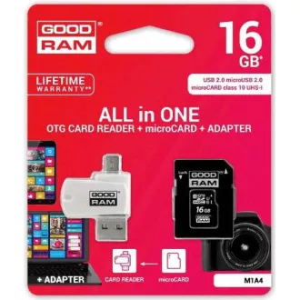 GOODRAM microSDHC kartica 16 GB M1A4 Sve u jednom (R: 100 / W: 10 MB / s), UHS-I Class 10, U1 + Adapter + OTG čitač kartica