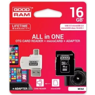 GOODRAM microSDHC kartica 16 GB M1A4 Sve u jednom (R: 100 / W: 10 MB / s), UHS-I Class 10, U1 + Adapter + OTG čitač kartica