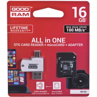 GOODRAM microSDHC kartica 16 GB M1A4 Sve u jednom (R: 100 / W: 10 MB / s), UHS-I Class 10, U1 + Adapter + OTG čitač kartica