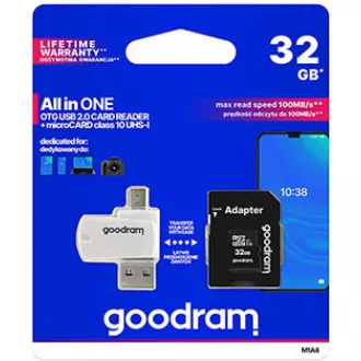 GOODRAM microSDHC kartica 32 GB M1A4 Sve u jednom (R: 100 / W: 10 MB / s), UHS-I Class 10, U1 + Adapter + OTG čitač kartica