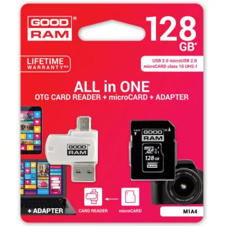 GOODRAM microSDXC kartica 128 GB M1A4 Sve u jednom (R: 100 / W: 10 MB / s), UHS-I Class 10, U1 + Adapter + OTG čitač kartica
