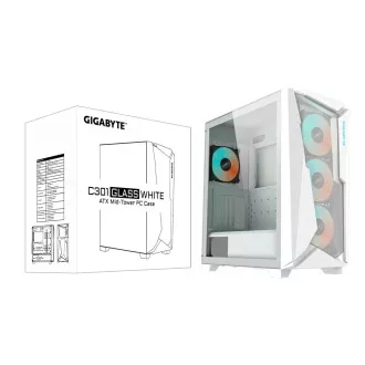 GIGABYTE kućište GB-C301GW, ARGB Hub, prozirna bočna ploča, srednji toranj, 4x ARGB ventilator, bijela