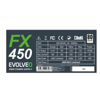 EVOLVEO FX 450, 450W ATX izvor napajanja, 14 cm, tih, 80+ bijela, 3 godine jamstva, crna