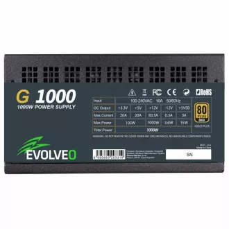 EVOLVEO G1000, napajanje od 1000 W, 80+ GOLD, ATX 3.1, aPFC, 140 mm ventilator, potpuno modularno, 3 godine jamstva, crno