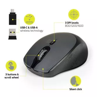 PORT bežični miš SILENT, USB-A/USB-C dongle, 2.4Ghz, 1600DPI, crni