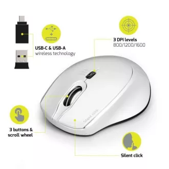 PORT bežični miš SILENT, USB-A/USB-C dongle, 2.4Ghz, 1600DPI, bijeli
