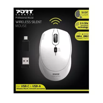 PORT bežični miš SILENT, USB-A/USB-C dongle, 2.4Ghz, 1600DPI, bijeli