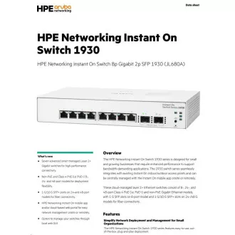 HPE Networking Instant On Switch 8p Gigabit 2p SFP (bez ventilatora) 1930 HPE Networking Instant On Switch 8p Gigabit 2p SFP (bez ventilatora) 1930