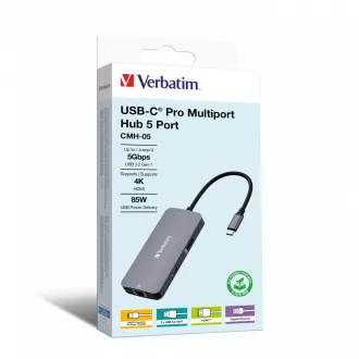 VERBATIM Hub USB-C Pro Multiport 5 Port, 2x USB 3.2, 1x USB-C, HDMI, RJ45, sivi