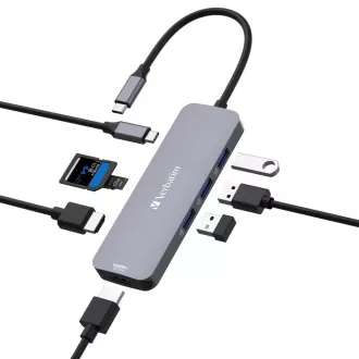 VERBATIM Hub USB-C Pro Multiport 8 Port, 3x USB 3.2, 1x USB-C, 2xHDMI, microSD/SD, sivi