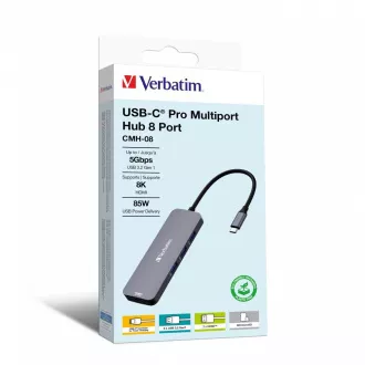 VERBATIM Hub USB-C Pro Multiport 8 Port, 3x USB 3.2, 1x USB-C, 2xHDMI, microSD/SD, sivi